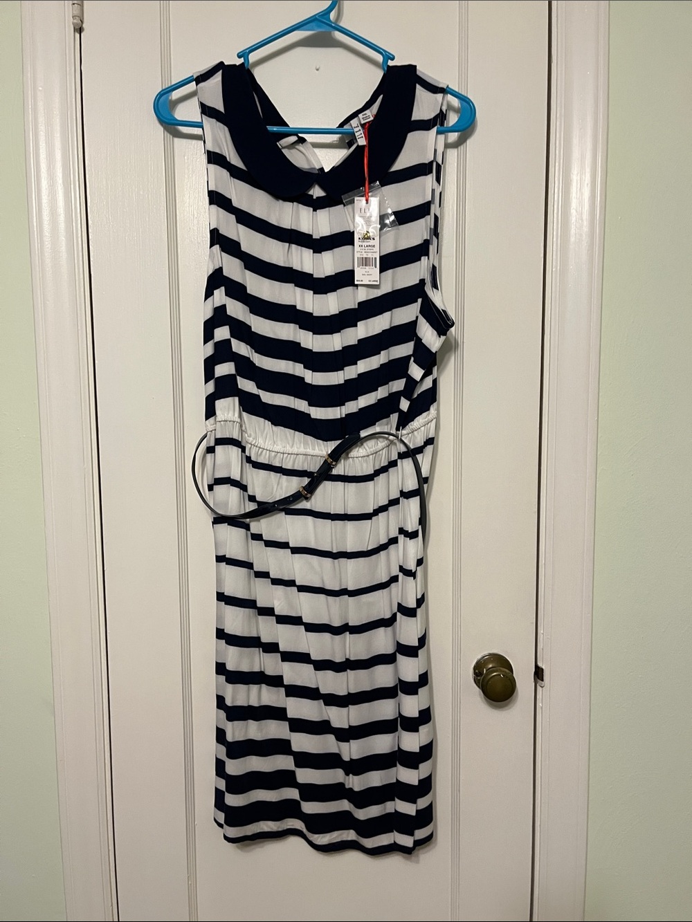 Navy and White Striped Sleeveless Dress with Belt